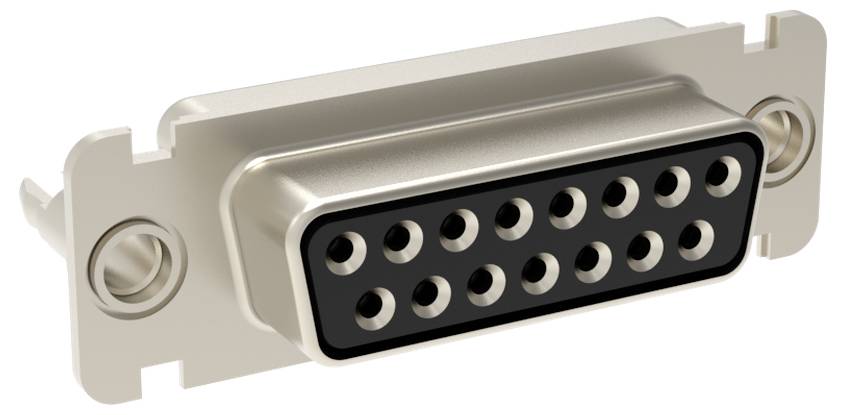 Ein 15-poliger D-Sub-Stecker mit zwei Schrauben zur sicheren Befestigung, üblicherweise verwendet zum Verbinden von elektronischen Geräten und Kommunikationsschnittstellen.