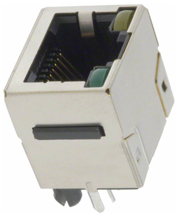 Ein silberner modularer RJ45-Ethernet-Stecker mit sichtbaren Metallkontakten und Kunststoffgehäuse, Schrägansicht.