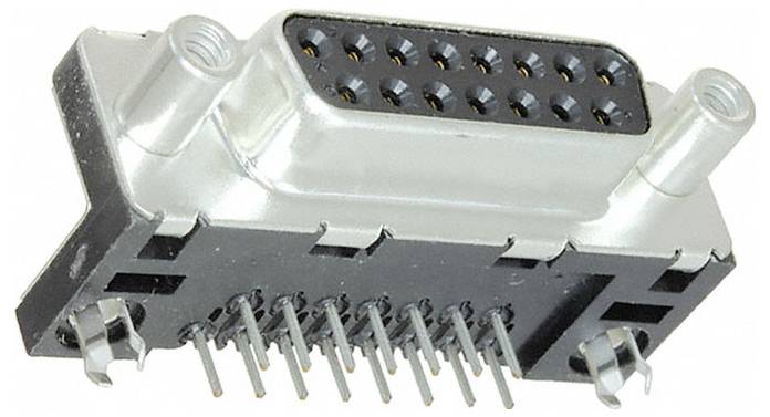 Ein silberner und schwarzer 15-poliger weiblicher D-Sub-Stecker, der üblicherweise in Video- und Netzwerkausrüstungen verwendet wird, mit sichtbaren Lötstiften.