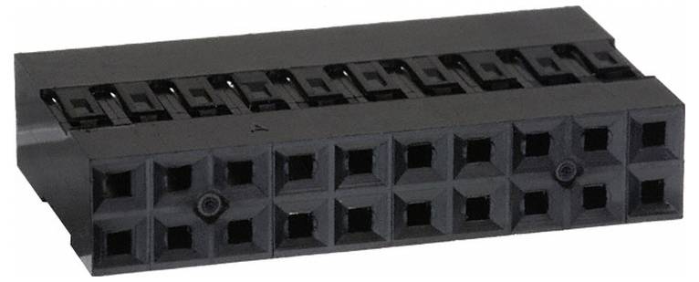 Ein schwarzer, rechteckiger Elektrostecker mit zwei Reihen von quadratischen Löchern, der zum Verbinden von Kabeln oder Schaltungen in elektronischen Geräten verwendet wird.