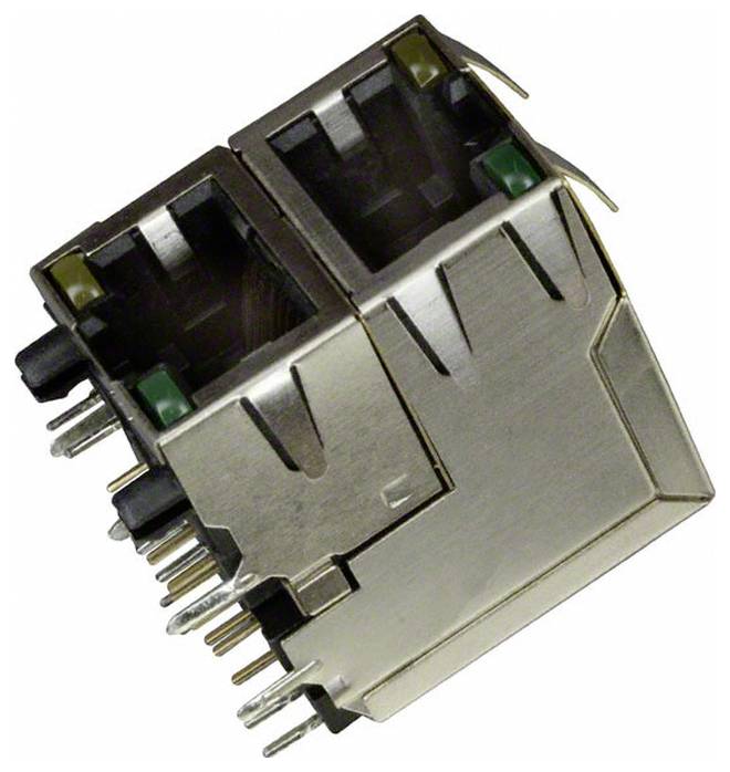 Ein Paar Metall-RJ45-Ethernet-Buchsen mit Lötpins, die für Netzwerkverbindungen auf elektronischen Leiterplatten verwendet werden.