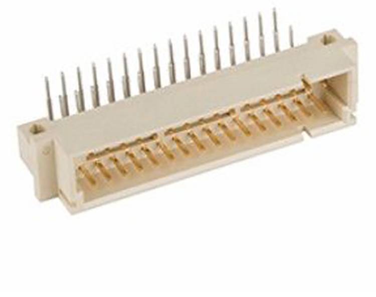 Ein rechteckiger beiger Elektrostecker mit mehreren Metallstiften zum Einstecken, wahrscheinlich in der Elektronik zum Verbinden von Schaltungskomponenten verwendet.