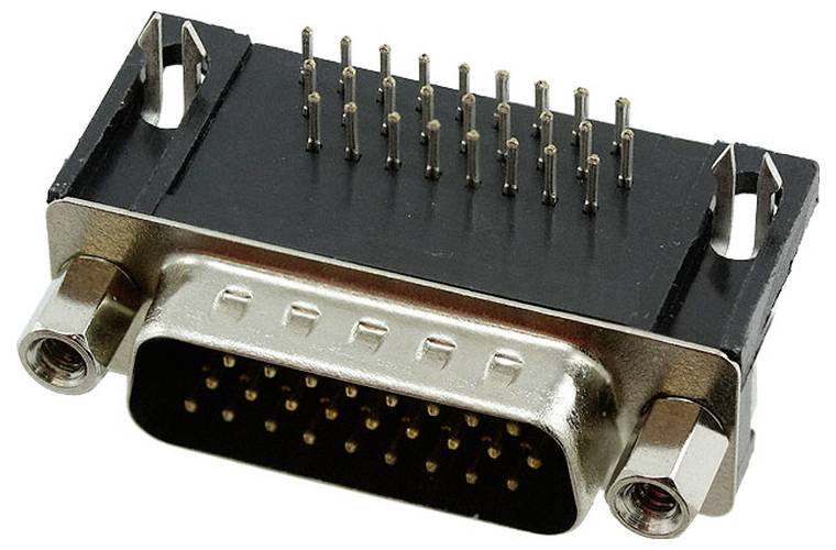 Ein D-Sub-Stecker mit Metallgehäuse und zahlreichen vergoldeten Kontakten, der zum Verbinden von Computer- und elektronischen Geräten verwendet wird.