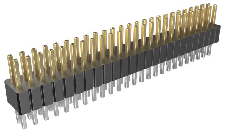 Ein Elektrostecker mit mehreren Steckplätzen, entwickelt für Leiterplatten, mit beigefarbenem rechteckigem Gehäuse und vertikalen Reihen.