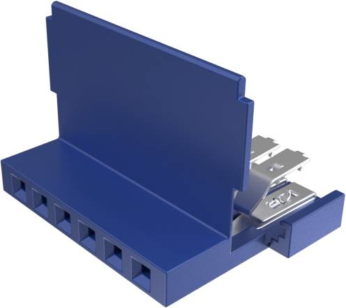Ein blauer Klemmblock-Stecker mit sechs Drahtschlitzen und Metallkontakten, der zum sicheren Verbinden von Elektrokabeln verwendet wird.