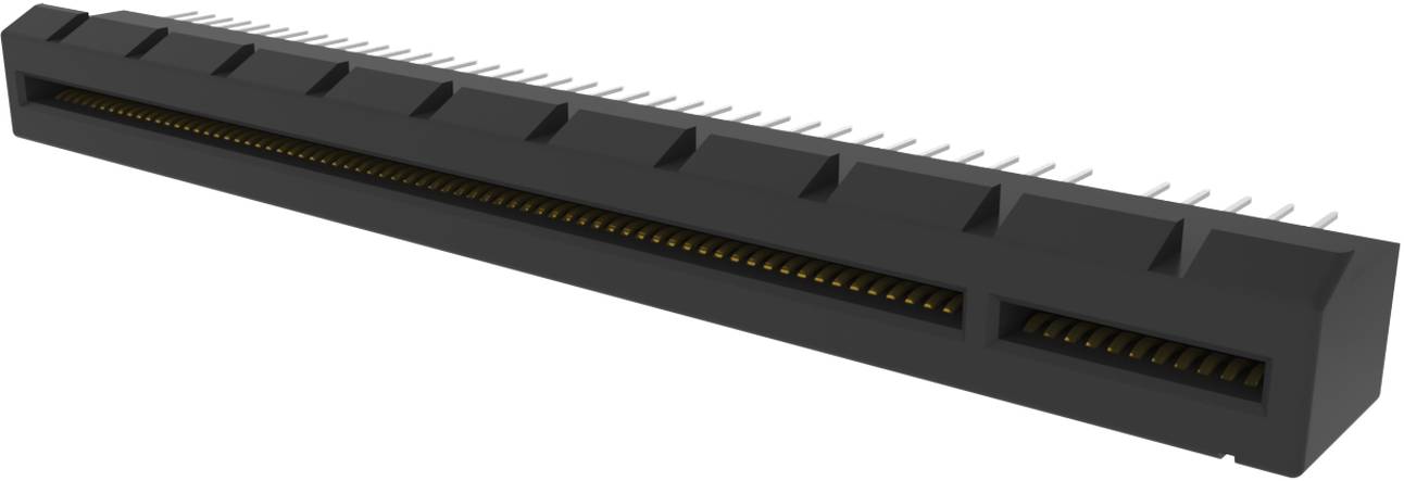 Ein schwarzer elektronischer Stecker mit mehreren Pins, die entlang seiner Länge sichtbar sind, entwickelt zum Sichern von Verbindungen in elektronischen Schaltkreisen.
