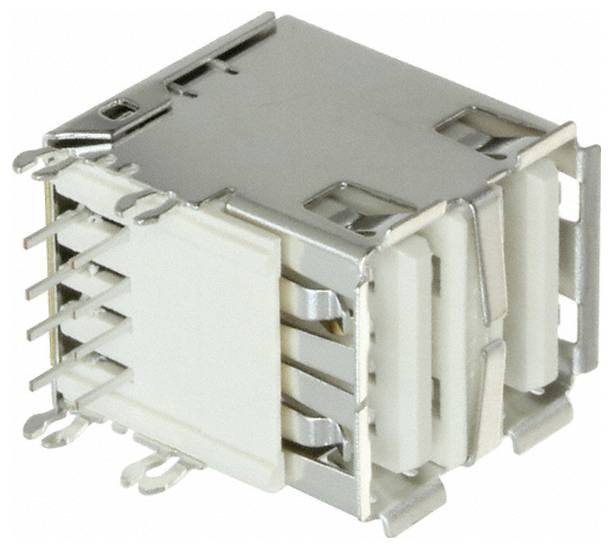 Eine silber- und weiße elektronische Komponente mit mehreren Stiften, wahrscheinlich ein USB-Anschluss, der zum Verbinden von Kabeln mit Geräten verwendet wird.