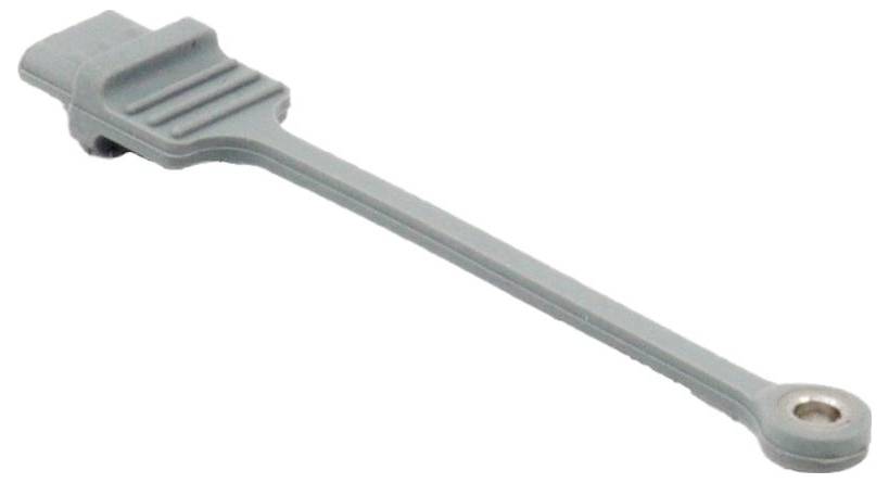 Ein dünner, länglicher, grauer Kunststoffhebel oder ein Werkzeug mit einem runden Loch an einem Ende, möglicherweise verwendet in Mechanik- oder Montageaufgaben.