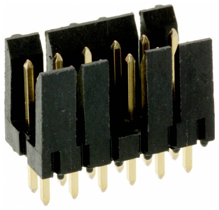 Ein 6-poliger schwarzer und goldener Stecker mit Stiftleiste für elektronische Leiterplatten, der zur Herstellung von elektrischen Verbindungen verwendet wird.