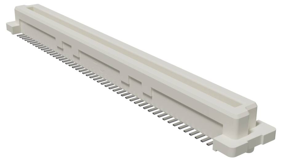 Ein weißer Kunststoff- und Metallstecker aus Kunststoff mit mehreren vertikalen vergoldeten Stiften, der für Leiterplattenverbindungen verwendet wird.