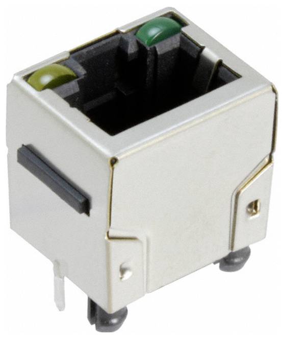 Eine Nahaufnahme eines Ethernet-Anschlusses mit zwei LED-Leuchten, eine grün und eine gelb, die den Verbindungsstatus anzeigen, auf einem metallischen Gehäuse.