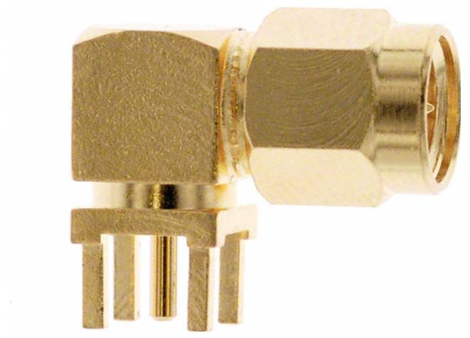 Ein Koaxialstecker mit rechtwinkliger Ausführung und Goldvergoldung, mit drei Stiften für sichere Befestigung, verwendet in elektronischen Anwendungen.