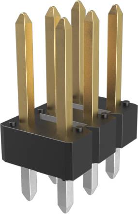 Ein 3D-gerendetes Bild einer schwarzen und goldenen Stiftleiste mit vier vertikalen Stiften, die häufig für elektrische Verbindungen auf Leiterplatten verwendet wird.