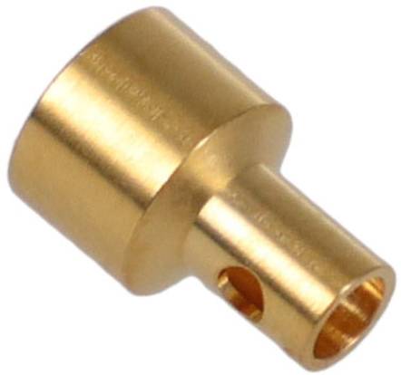 Ein kleiner, goldener metallischer Adapter mit einer zylindrischen Form und einer hohlen Mitte, wahrscheinlich zur Verbindung von elektronischen oder mechanischen Komponenten verwendet.