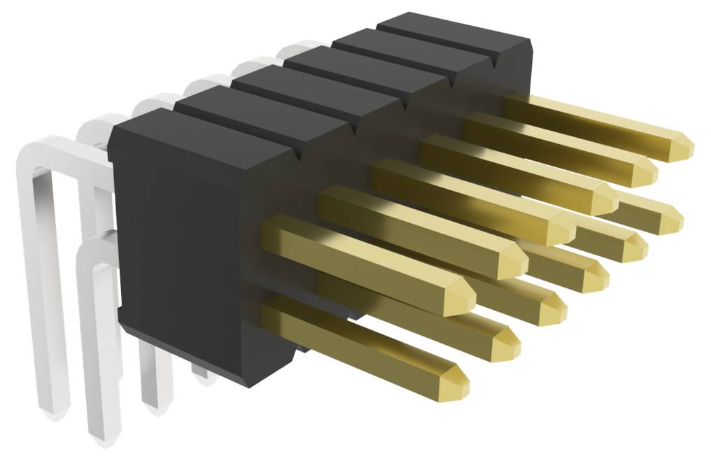 Ein vergoldeter, zweireiliger Stiftleisten-Stecker mit Kunststoffgehäuse, entwickelt für Leiterplattenverbindungen und elektronische Komponenten.