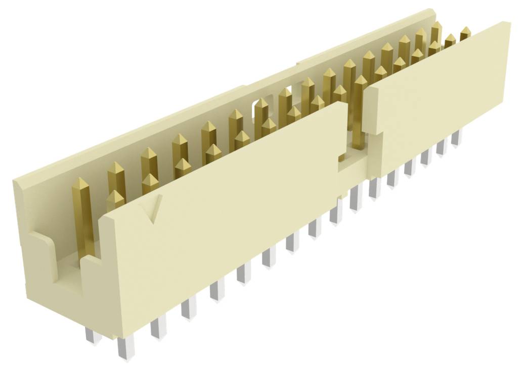 Eine Nahaufnahme eines beige, rechteckigen elektronischen Steckers mit mehreren goldenen Stiften und silbernen Kontakten, der für Leiterplattenenverbindungen verwendet wird.
