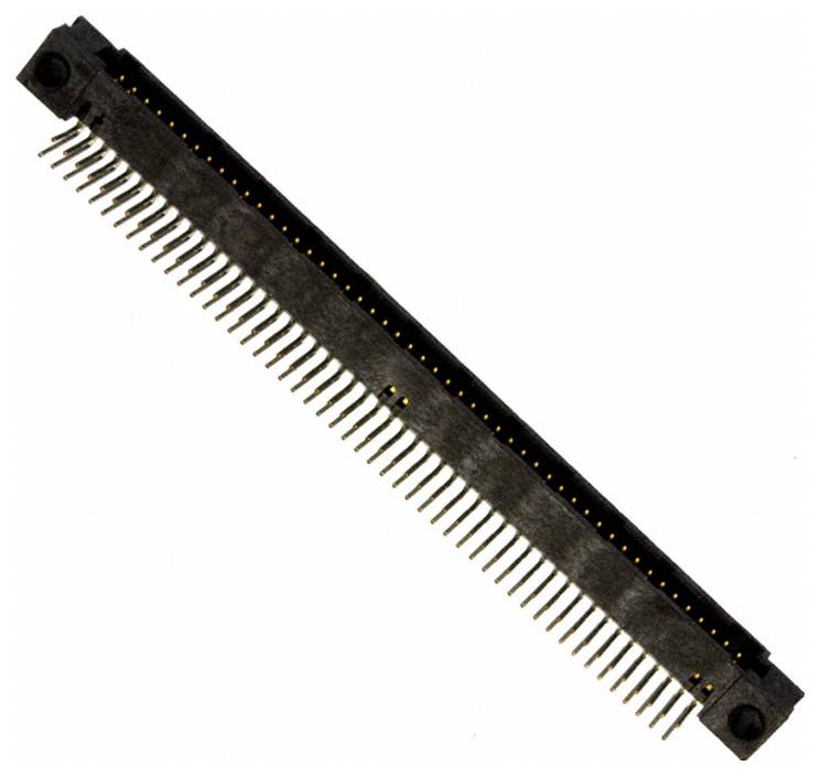 Ein schwarzer elektronischer Stecker mit zahlreichen dünnen Metallstiften, die in einer Reihe angeordnet sind und zum Verbinden elektronischer Komponenten oder Geräte verwendet werden.