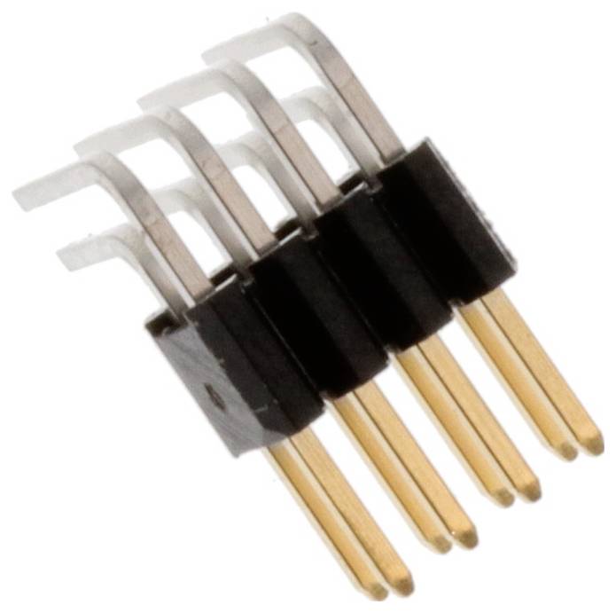 Ein Satz aus vier vergoldeten männlichen Stiftleisten mit schwarzen Kunststoffgehäusen, jeweils mit gebogenen Metallkontakten für elektronische Verbindungen.