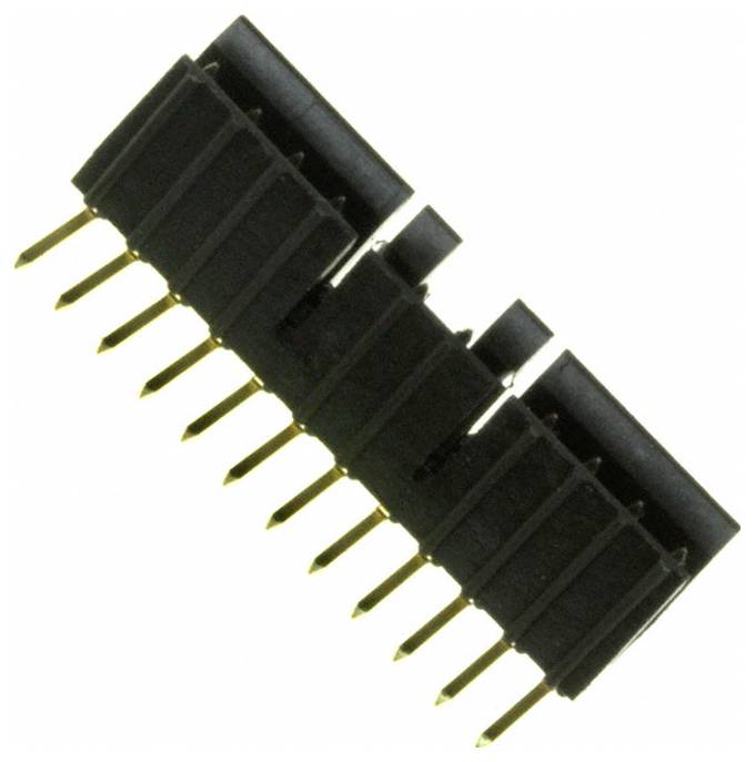 Ein 10-polig Steckerleisten-Verbinder mit abgewinkelter Stiftkonfiguration für elektronische Leiterplatten.