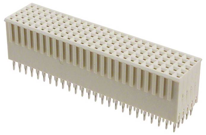 Ein beiger rechteckiger elektronischer Stecker mit mehreren Stiften auf zwei Seiten, der zum Verbinden von Schaltkreisen in Hardware-Anwendungen verwendet wird.