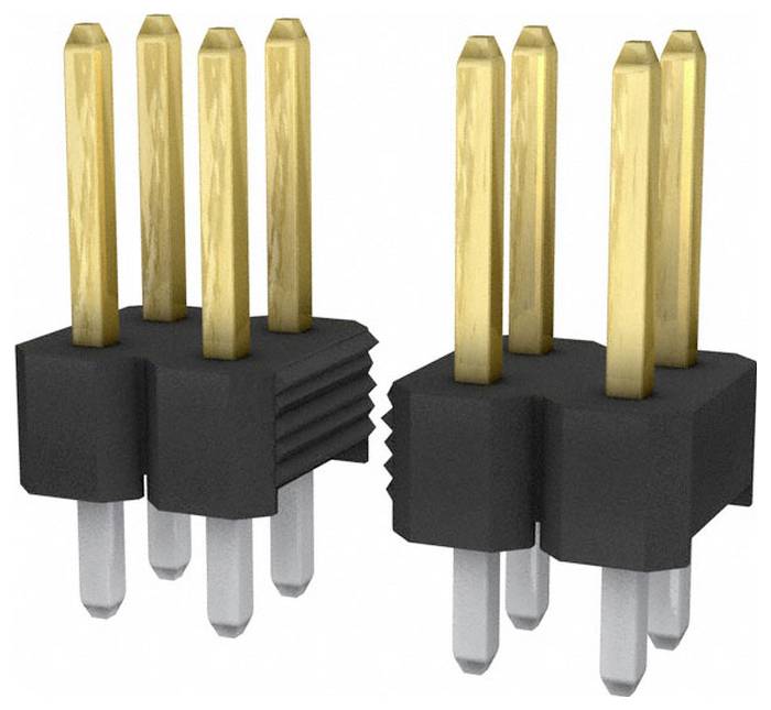 Zwei schwarz-goldene Steckleisten, jeweils mit fünf goldenen Kontakten und Kunststoffgehäuse, verwendet für Leiterplattenverbindungen.