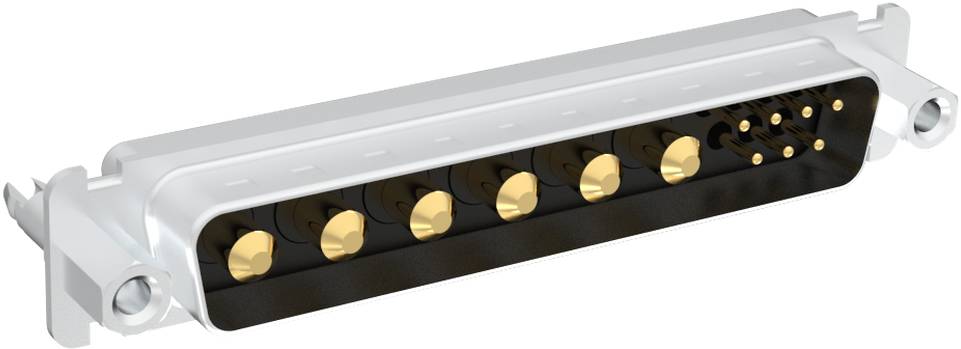 Eine Nahaufnahme eines metallischen elektrischen Steckers mit mehreren vergoldeten Stiften, die in zwei Reihen angeordnet sind, um eine verbesserte Konnektivität und Haltbarkeit zu gewährleisten.