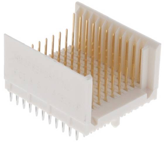 Ein weiß-goldener Stecker mit rechtwinkliger Stiftleiste in zwei Reihen, verwendet für elektronische Leiterplatten.