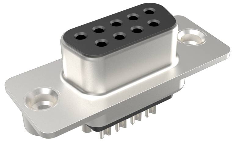 Eine Nahaufnahme eines metallischen weiblichen DB9-Steckers, die neun Steckplätze und Befestigungslöcher auf einer flachen rechteckigen Basis zeigt.