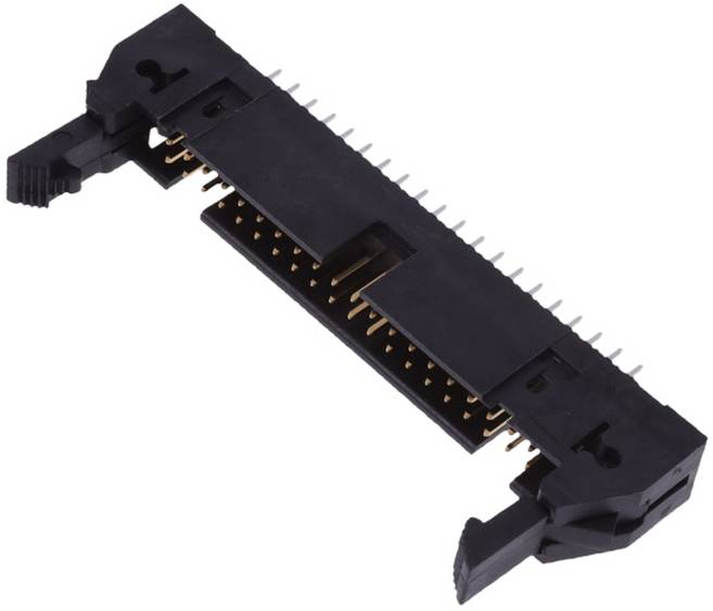 Ein schwarzer SCSI-Steckverbinder mit vergoldeten Kontakten zum Verbinden von Peripheriegeräten mit Computern.
