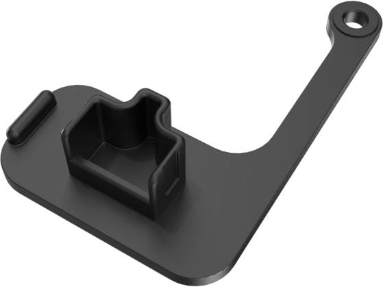 Eine schwarze, abgewinkelte Metallklammer mit einer rechteckigen Ausnehmung und einem Kreisloch, möglicherweise zur Befestigung oder Unterstützung eines Bauteils verwendet.