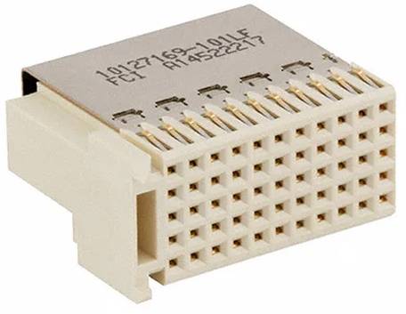 Ein rechteckiger Mehrfach-Steckverbinder mit beigefarbenem Gehäuse und Metallkontakten, der bei elektronischen Geräten verwendet wird.