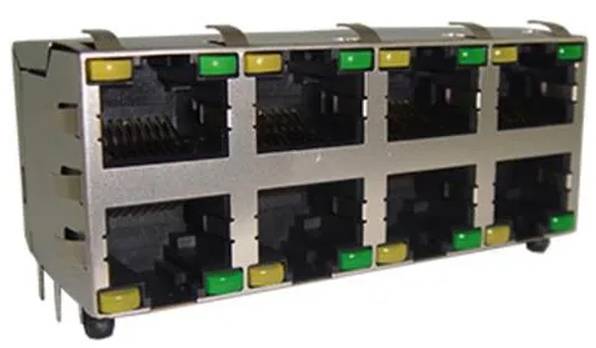 Bild eines 8-Port-Ethernet-Netzwerkverbindungsblocks mit sechs grünen und zwei gelben Statusanzeigeleitern.