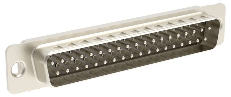 Ein D-Sub-Stecker mit mehreren Stiften, der zur Verbindung von Analogsignalen und Daten in der Elektronik verwendet wird, aus einer angewinkelten Perspektive dargestellt.