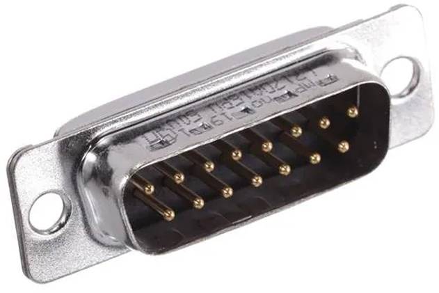 Ein Metall-D-Sub-Stecker mit 15 Pins und männlichem Ausführung mit zwei Montagelöchern, typischerweise zum Verbinden von Computerperipheriegeräten verwendet.