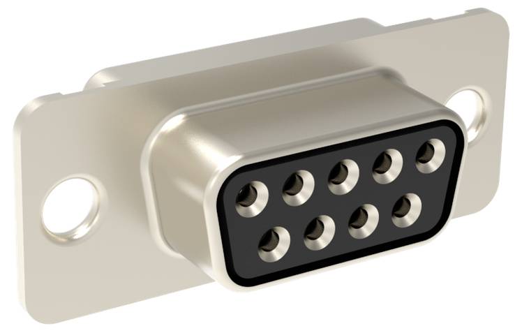 Ein neunpoliger DB9-Stecker mit je zwei Befestigungslöchern an jedem Ende, typischerweise für serielle Kommunikation in der Elektronik verwendet.
