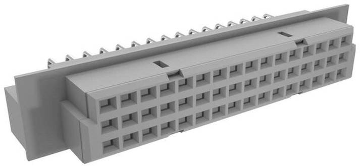 Nahaufnahme eines grauen Kunststoff-Centronics-Steckers mit 36 Stiften (weiblich) mit rechteckiger Form und Reihen von quadratischen Löchern für Stifte.