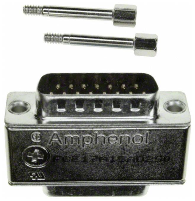 Ein 9-poliger Amphenol-Stecker mit zwei Befestigungsschrauben für Elektronikgeräteverbindungen.