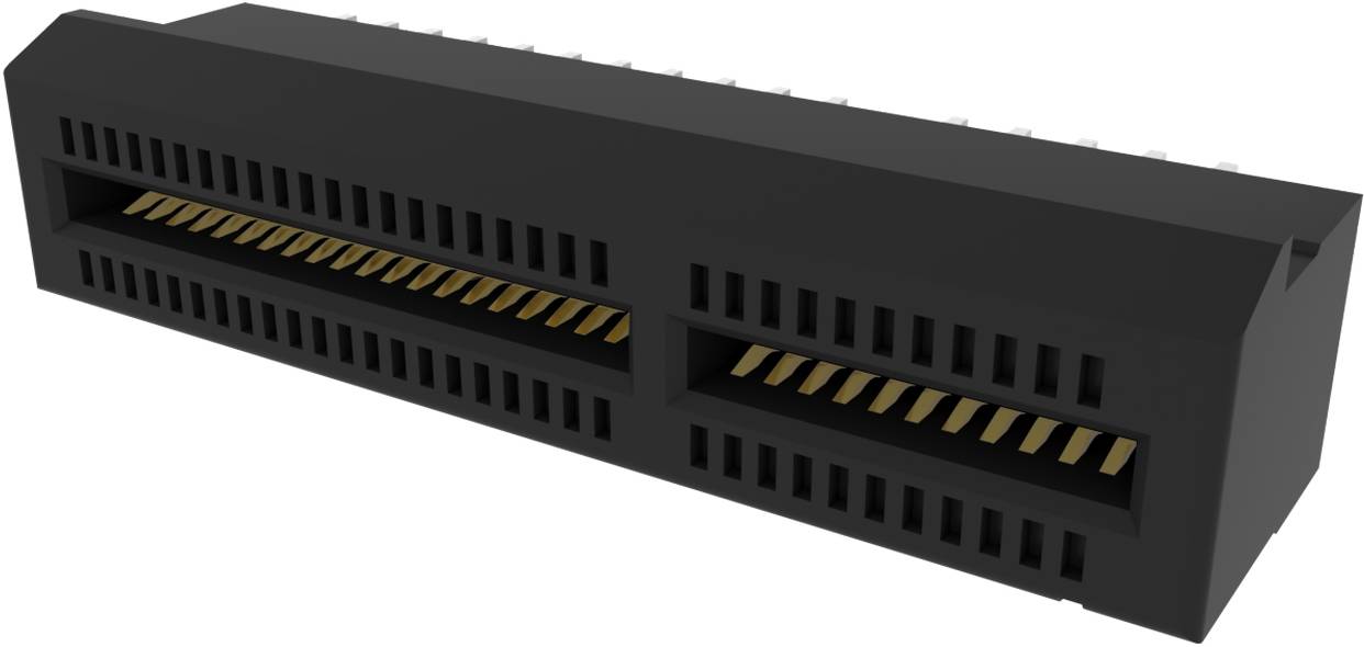 Ein schwarzer PCIe-x16-Steckplatzverbinder mit zwei Reihen von Goldkontakten für die Hochgeschwindigkeitsdatenübertragung und Erweiterungsverbindung auf einem Motherboard.