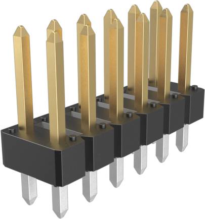 Eine 3D-Darstellung einer Reihe von vergoldeten, doppelreihigen Stecker-Kopfleisten auf einer schwarzen Kunststoffbasis, die für elektrische Verbindungen in der Elektronik verwendet werden.