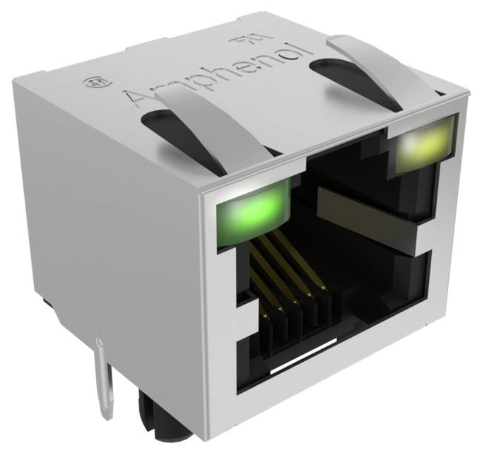 Eine angewinkelte Ansicht eines Ethernet-Anschlusses mit zwei Kontrollleuchten: eine grün und eine aus. Der Markenname „Amphenol