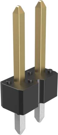 Zwei goldene rechteckige Stifte mit spitzen Enden sind auf einer schwarzen Kunststoffbasis montiert und ähneln elektronischen Steckverbinderstiften.