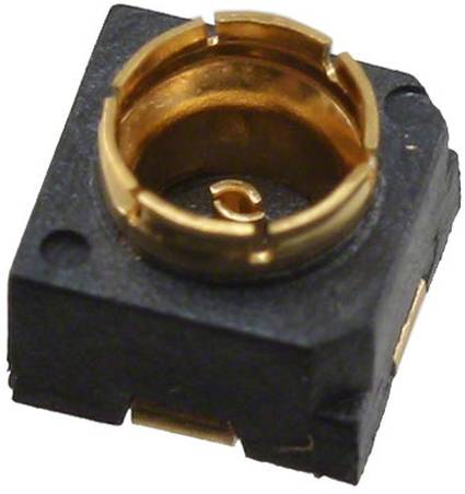 Ein schwarzer und goldener SMD-Stecker, quadratisch geformt mit einer zentralen kreisförmigen Öffnung, verwendet für sichere elektrische Verbindungen in elektronischen Geräten.