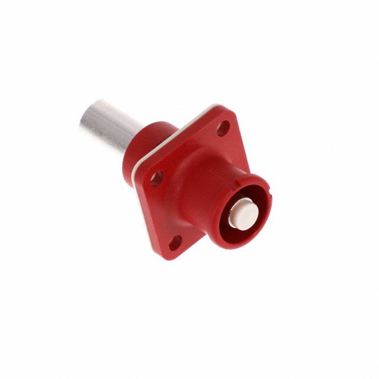 Ein roter HF-Koaxialstecker mit metallischem Stift, der zur Übertragung von Hochfrequenzsignalen verwendet wird.