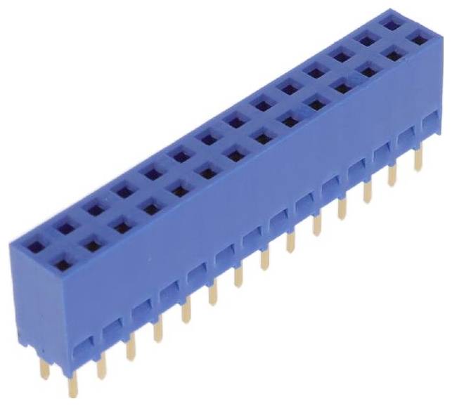 Blauer rechteckiger elektronischer Stecker mit zwei Reihen kleiner quadratischer Buchsen und goldfarbenen Stiften auf der Unterseite.