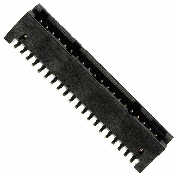 Ein schwarzer rechteckiger elektronischer Stecker mit mehreren Metallkontakten auf beiden Seiten, der zur Verbindung von Leiterplatten verwendet wird.