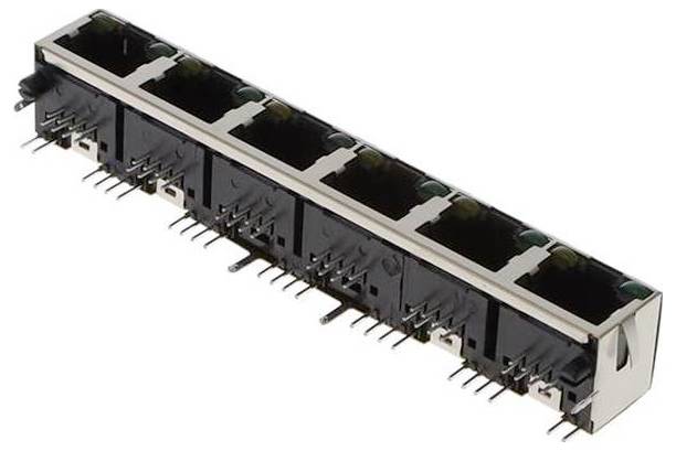 Eine Reihe schwarzer Ethernet-Anschlüsse auf einem Metall- und Kunststoffstecker mit Pins auf der Unterseite zur Integration in elektronische Schaltkreise.