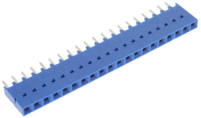 Blauer Steckverbinder mit 20 Anschlüssen, angewinkelte Metallstifte nach oben weisend, wird für Leiterplattenschaltungen verwendet.