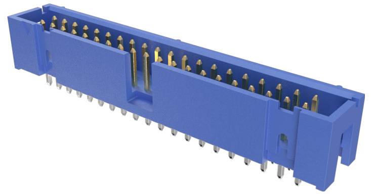 Ein Nahaufnahmebild eines blauen Leiterplattensteckers mit mehreren vergoldeten Pins, der für elektrische Verbindungen auf elektronischen Leiterplatten verwendet wird.