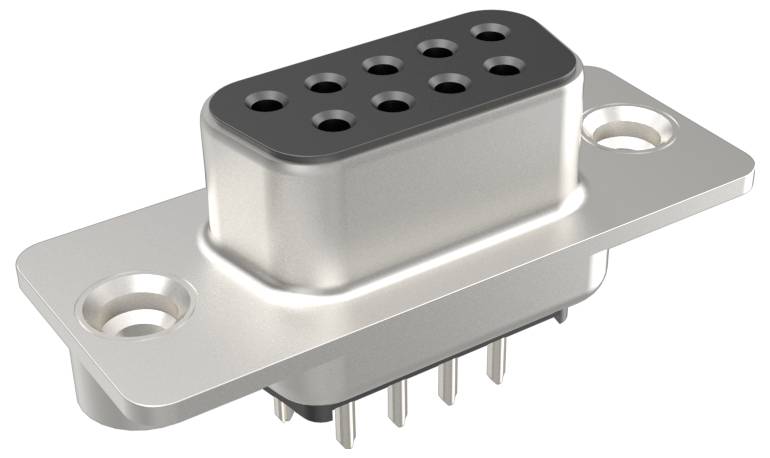 Ein neunpoliger Metallstecker für elektrische Verbindungen, häufig in Computer- und Kommunikationsgeräten verwendet, wird aus einer Dreiviertelperspektive dargestellt.