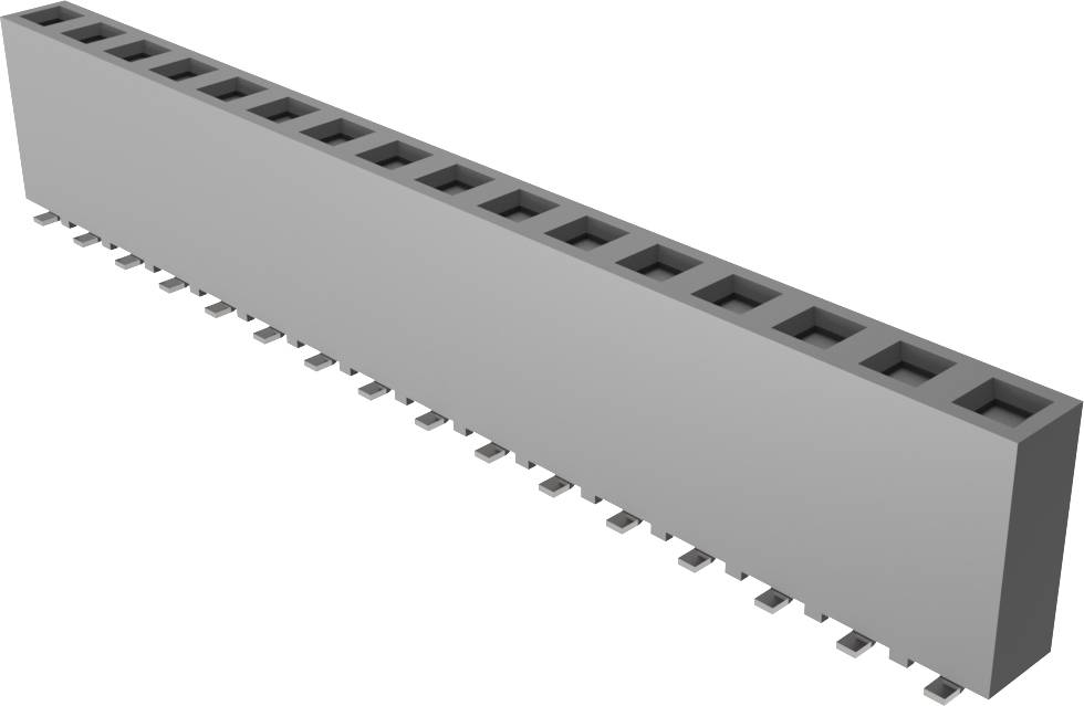 Eine 3D-Darstellung eines rechteckigen elektronischen Steckers mit mehreren horizontalen Schlitzen, aus einer Schrägansicht betrachtet.